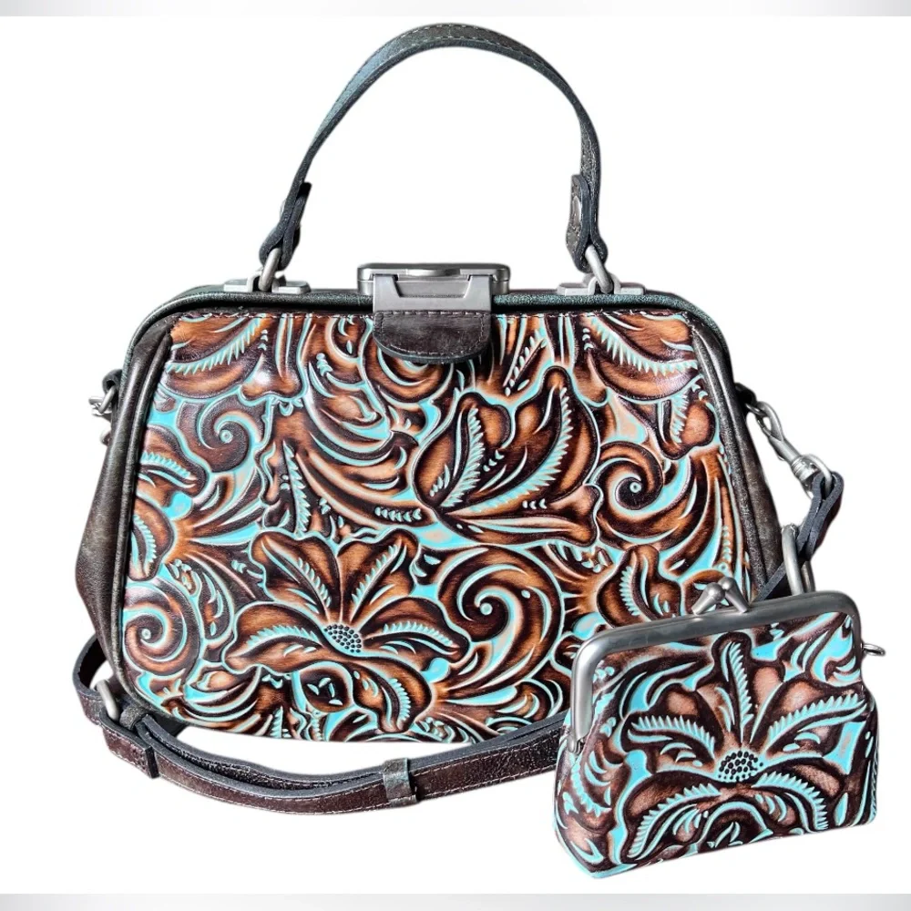 Patricia Nash Turquoise Framed Gracchi Tooled Burnt Leather Crossbody Set - Picture 6 of 16